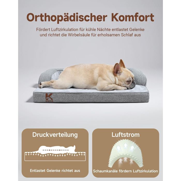Ортопедичне ліжко для собак великих порід KSIIA, корзина для собак знімний, пральний чохол, диван для собак водонепроникний з бортиком, неслизьке дно, 88x55x15 см (Сірий)
