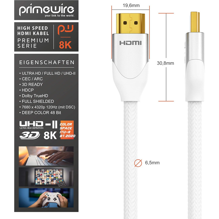 HDMI 2.1 Кабель 2м 8K (60Hz) 4K (120Hz) - Білий, Підтримка HDR, ARC, PS5, Xbox, Blu-Ray