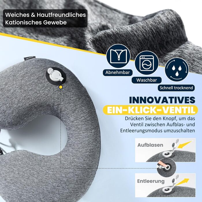 Подушка для шиї HIKENTURE надувна для подорожей літаком/поїздом з чохлом. Зручна подушка-ворітниця для дорослих. Кольори: синій, темно-сірий.