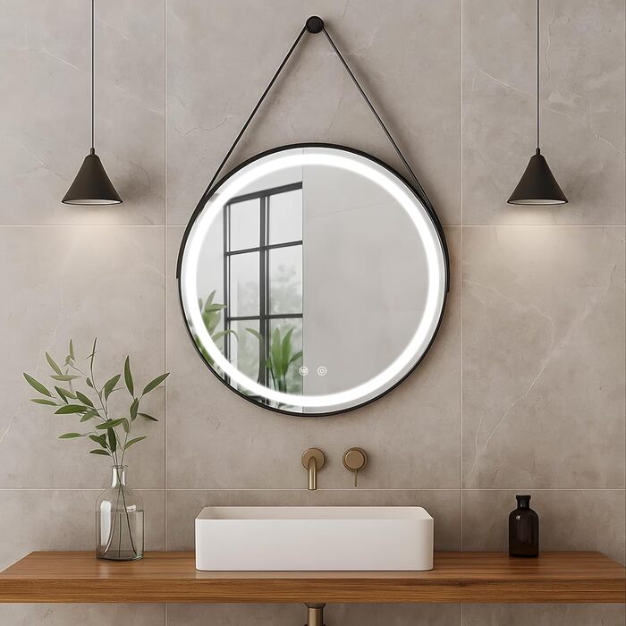 LED дзеркало для ванної кімнати з підсвічуванням, кругле, регульоване, 3 кольори світла (3500K-6500K), сенсорне керування, запобігає запотіванню - дзеркало для ванної кімнати з підсвічуванням для макіяжу та гоління (60 см, стильний дизайн)