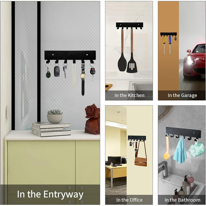 Настінний тримач для ключів GTK з 6 гачками, чорний. Настінна організація, ключниця для коридору