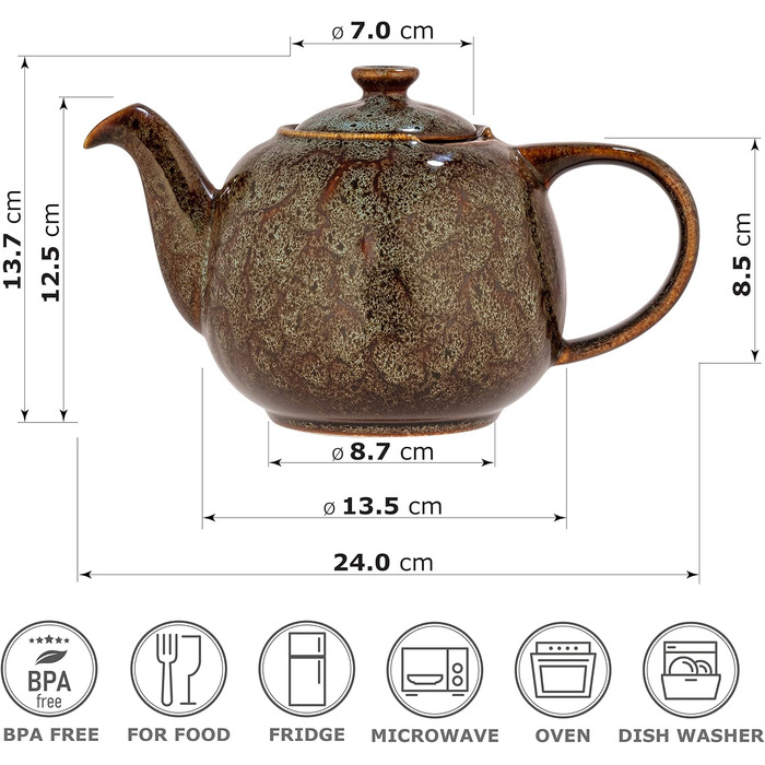 Teapot with infuser, Swansea Sea Green 1.1 L with filter, made of porcelain by URBAN LIFESTYLE, a drip-free teapot. Teapot with infuser, porcelain
