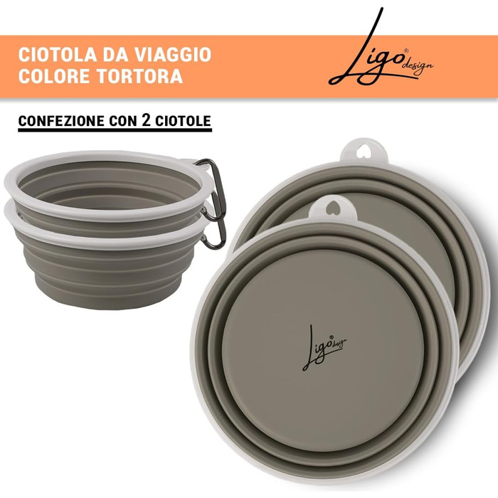 Ліга - EBBY 2 шт. миски для собак, туристичні миски, портативні миски для води та корму, складані миски з карабіном (M (650 мл), Сірий голуб)