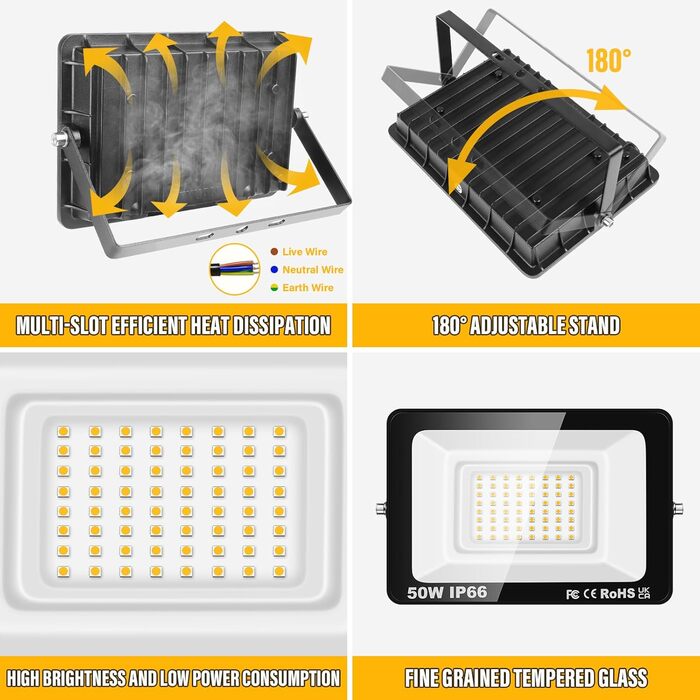 RIGIDON 2x 75W LED Floodlights Outdoor, 7500LM Outdoor Floodlight, 3000K Warm White IP66 Waterproof LED Floodlight, Outdoor Lamp for Garden, Courtyards, Garage, Hotel, Sports Field, Workshop (2 x 50W)