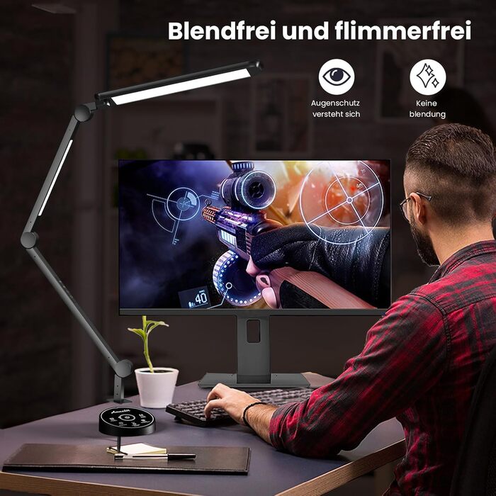 AmazLit Adjustable LED Desk Lamp with Dual Light Source - 12W/16W Dimmable Architect Lamp with Remote Control & Clamp