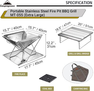 CAMPINGMOON Portable Stainless Steel Wood Grill and Fire Pit 20 inches with Carry Bag MT-055