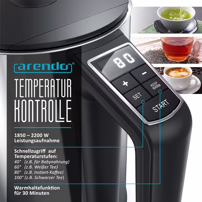 Arendo - Stainless Steel Kettle with Temperature Setting 40-100 Degrees in 5-Degree Increments - Double-Walled Design - Model ELEGANT - 1.5 Liter - 2200 W - Tea Kettle with Temperature Display - GS - Black (C: Silver)