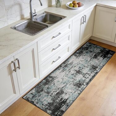 Килимок-доріжка 60 x 180 см, неслизький, з коротким ворсом, для кухні, миється, складається, абстрактний дизайн, синьо-чорний колір, підходить для входу, кухні, вітальні та офісу