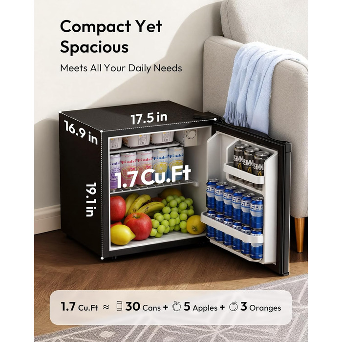 EUHOMY Міні холодильник 46L, компактний холодильник з регулюванням температури, тихий (38dB), енергоефективний для спальні, офісу