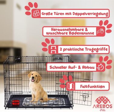 Клітка для собак Arebos | Транспортна переноска для собак, складна | Клітка-переноска для собак з 2 дверцятами | Клітка для собак вдома | Чорний (107 x 71 x 77,5 см)