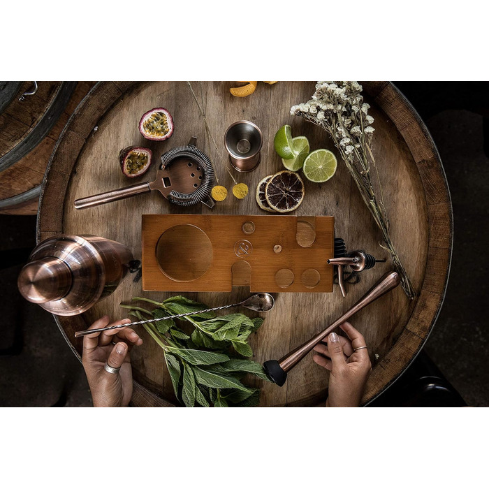 Набір для коктейлів Mint&Mortar 7 предметів з бамбуковим підставкою, з нержавіючої сталі, міксологія, барменський набір з барними інструментами для дому та професійного використання, ідеальний для Мартіні/Маргарити, 680 мл, міксер (Чорний) (Шліфоване мідь