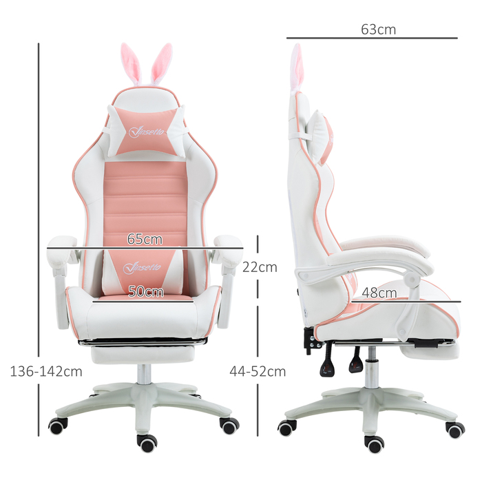Vinsetto Gaming Chair Ergonomic Gamer Chair with Lumbar Support, Footrest, Gaming Recliner with Bunny Ears, Head Pillow, Height Adjustable Office Chair with Adjustable Recline Function Pink | Aosom