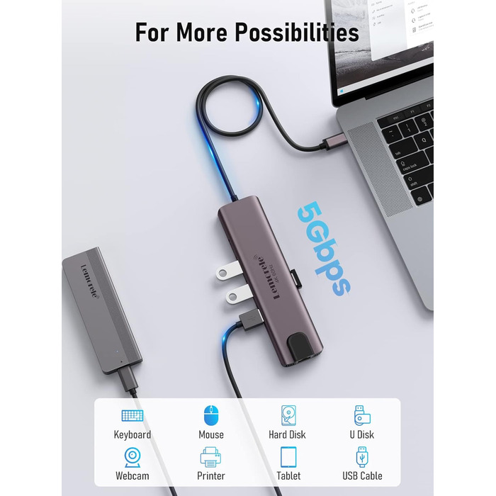 Lemorele USB-C Док-станція: 11-в-1 хаб з 2xHDMI 4K, 3xUSB 3.0/2.0, VGA, PD 100W, SD/TF, Ethernet (сумісна з Windows, MacBook, Dell, HP, Lenovo, Surface)