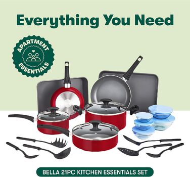 Набір посуду BELLA з антипригарним покриттям (21 предмет) – каструлі, сковорідки, форми для випічки, контейнери для зберігання, червоний