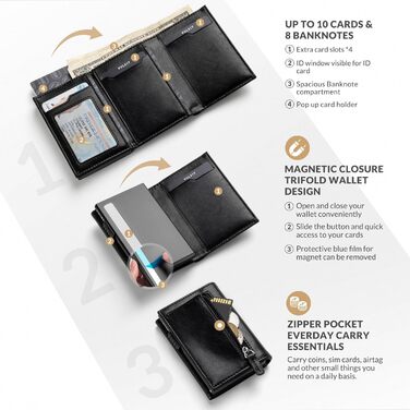Шкіряний картхолдер VULKIT RFID захист, поп-ап механізм, відділення для готівки, документів та монет, магнітний замок, чорний