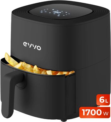 Фритюрниця EVVO без олії, 6 л, 1700 Вт, антипригарне покриття, Dual-Cyclon технологія, багатофункціональна, для випікання, дегідратації, розморожування, до 200°C, автоматичне вимкнення, білий колір
