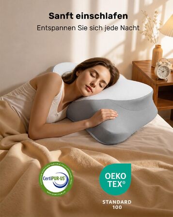 Подушка для шиї Feagar у формі метелика з ефектом пам'яті (Memory Foam), сіра
