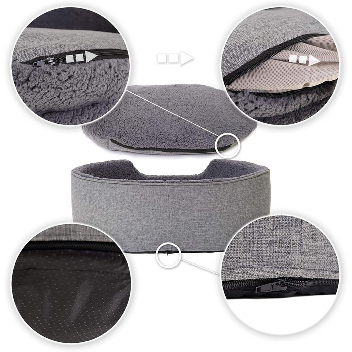 Lionto Dog Bed with Reversible Cushion and Washable Cover, Stable Dog Basket with Anti-Slip Studs, 92x72 cm, Cozy Pet Bed for Dogs and Cats with Plush, (Grey, L 73 x W 60 x H 27 cm (with name tag))