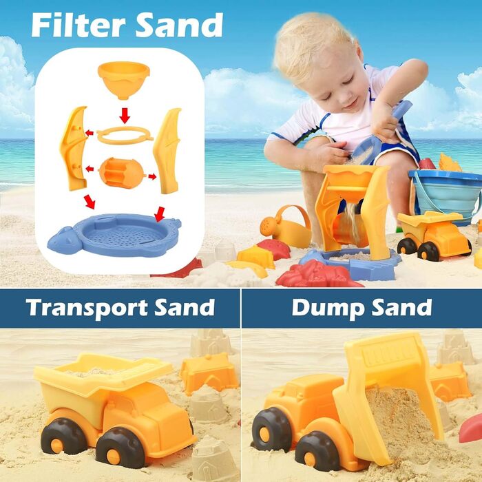 YIMORE Sand Toys for Boys and Girls, 30 Pieces Sandbox Beach Toy Set with Sand Molds, Sand Toys for Ages 2, 3, 4, 5