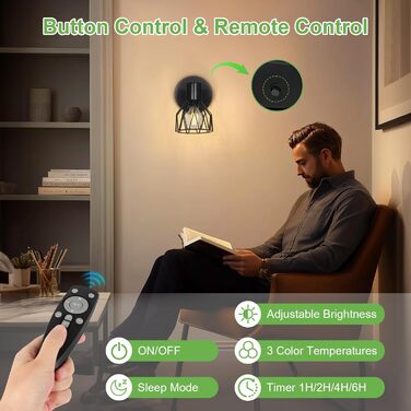 LED настінний світильник Kimjo з таймером, 2 шт., чорний, з акумулятором, диммування, E14, для спальні/вітальні