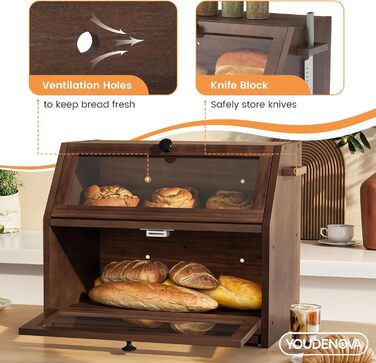 YOUDENOVA Бак для хліба з бамбука Eco, з дощечкою для нарізання, 39x26x32,5 см, коричневий
