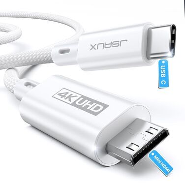 Кабель USB C до Mini HDMI JSAUX 3.3FT (1м), білий. Підтримка 4K@30Hz/2K@60Hz/1080P. Сумісний з портативним монітором, Steam Deck, ноутбуком, телефоном.