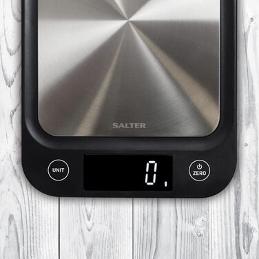 Кухонні ваги Salter 1068 SSBKDR: цифрові, нержавіюча сталь, 5 кг, з функцією тарування, вимірювання рідин (мл/fl. oz), LCD-дисплей, чорний, стильний дизайн, легко миються