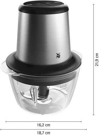 Електричний подрібнювач WMF Kult X – міні-подрібнювач, блендер для овочів, зелені та горіхів, 1л, скло, нержавіюча сталь, компактний, миється в посудомийній машині