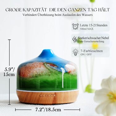 Ароматичний дифузор Porseme Aroma 500 мл, скляний зволожувач повітря, ультразвуковий аромадифузор з LED-підсвіткою 7 кольорів, для ефірних олій, працює до 21 години, тихий, для дому (Rosegold)