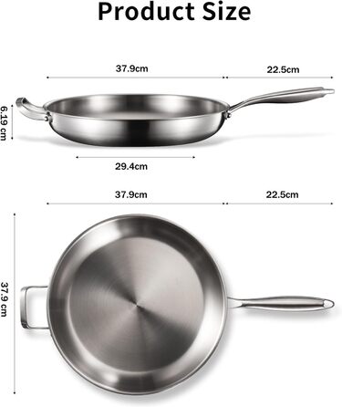Сковорода з нержавіючої сталі DelarLochef 28 см з кришкою, тришарова, індукційна, без покриття (PTFE, PFOA), для стейків та яєць