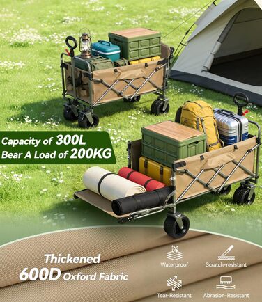 Універсальний складаний візок Bollerwagen 300L (до 200 кг) для пляжу, кемпінгу, транспорту, собак. З захистом від дощу, тримачем для напоїв та світловідбиваючими смугами