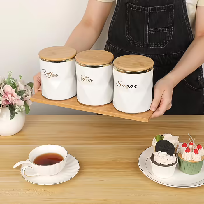BTSKY White Ceramic Canisters for Sugar, Coffee, Tea, with Lid and Tray, Airtight, Set of 3 Storage Containers, Food Storage Containers, Pots, Jars with Bamboo Lids for Kitchen Counter