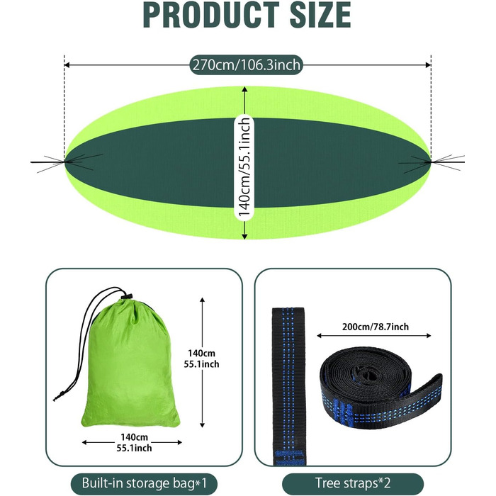 Гамак OTraki для відпочинку на природі 270x140 см: легкий, портативний, нейлон. Ідеально для саду, балкону, кемпінгу та дому.