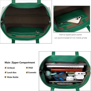 Жіноча сумка-шопер з PU шкіри Dark Green для роботи, школи, покупок з блискавкою та внутрішніми кишенями