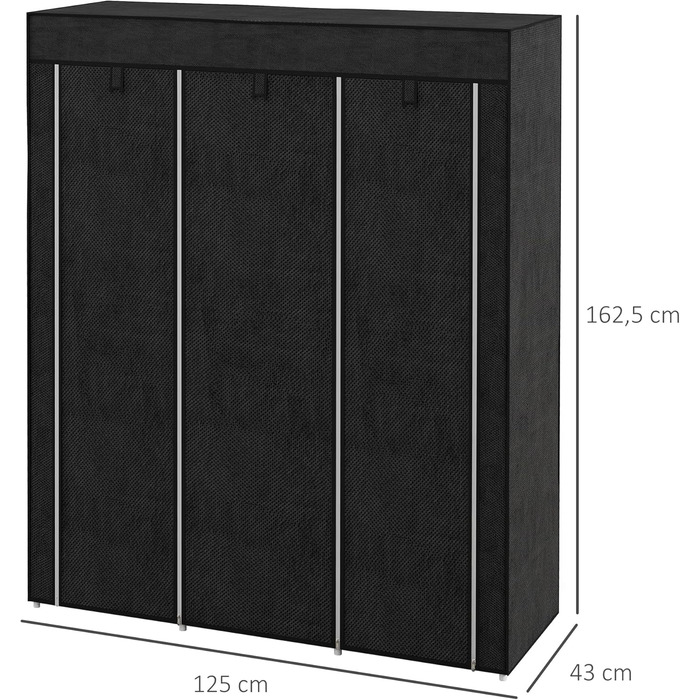 HOMCOM Wardrobe Fabric Closet with Drawers, Hanging Rail and Zipper, Fabric Clothes Closet Folding Wardrobe for Bedroom, Dressing Room, 102 x 42.5 x 162.5 cm, (Black, 125L x 43W x 162.5H cm)
