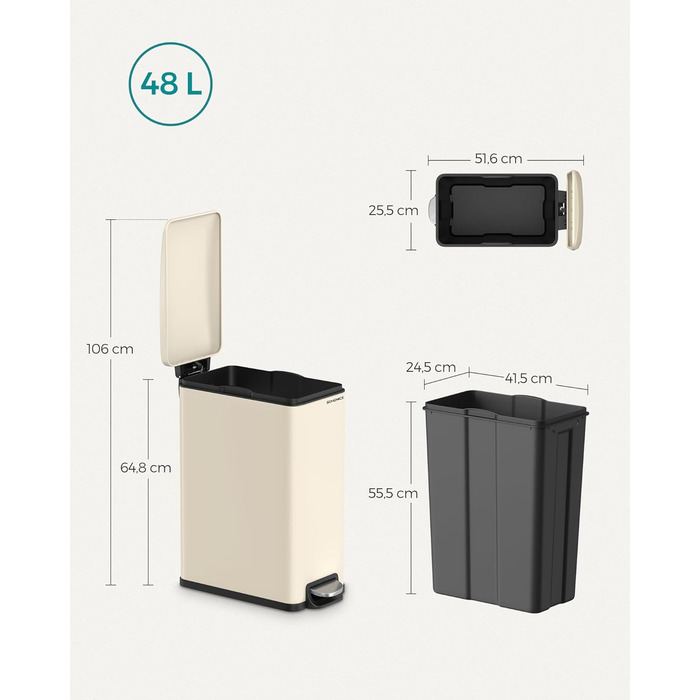 Відро для сміття SONGMICS 20 л з педаллю, м'яким закриттям, з внутрішнім відром, 15 мішків, металік сріблястий LTB543E01