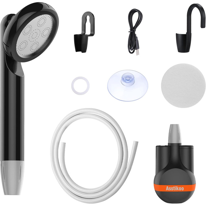 Asstikoo Portable Camping Shower, Camping Shower with Rechargeable Battery, Compact Rechargeable Electric Pump Shower Head for Camping, Pet Cleaning, Beach Washing, Hiking and Travel