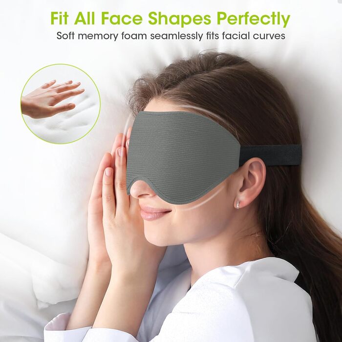 Маска для сну Laitver для тих, хто спить на боці, 2025, 3D, повна світлоізоляція, для жінок та чоловіків, зручна, дихаюча, без тиску, з регульованою гумкою, для подорожей (світло-сіра)