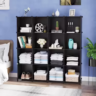 AWTATOS Closet with 16 Cubes, Storage Shelves, DIY Cube Shelf, PP Plug-in Shelf, Plastic, Kids' Shelf, Toy Shelf, Folding Closet, Shelves, Standalone Shelf, Black ULPZ017