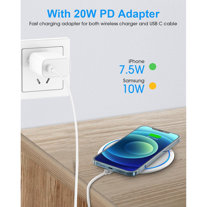 Бездротовий зарядний пристрій NANAMI 20W USB-C PD з адаптером для Samsung Galaxy S25 S24 S23 S22 S21 Ultra Plus, iPhone 17 16 15 14 13 12 11 Pro та Airpods - Білий