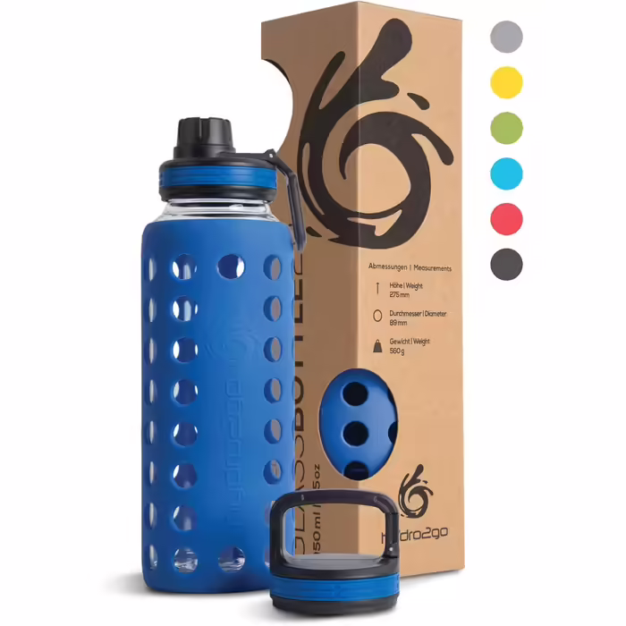 Glass Drinking Bottle with Silicone Sleeve – 100% Leak-Proof, BPA-Free, Dishwasher Safe, 2 Replaceable Lids – Ideal for Office, Fitness, Yoga, Sports & Outdoor (Navy Blue 2.0) – 950 ml