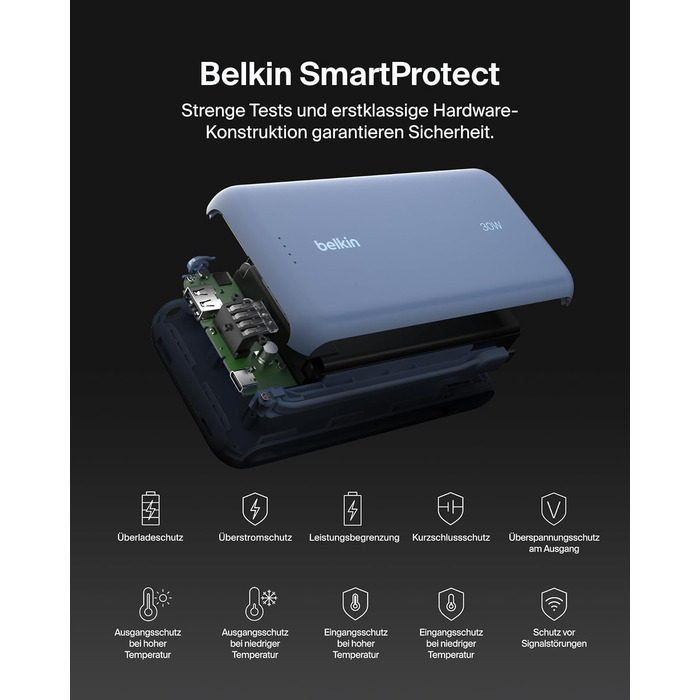 Зовнішній акумулятор Belkin BoostCharge 20K PD 30W з вбудованим кабелем USB-C, Power Bank для iPhone 16, iPad Pro, Samsung Galaxy S25, синій