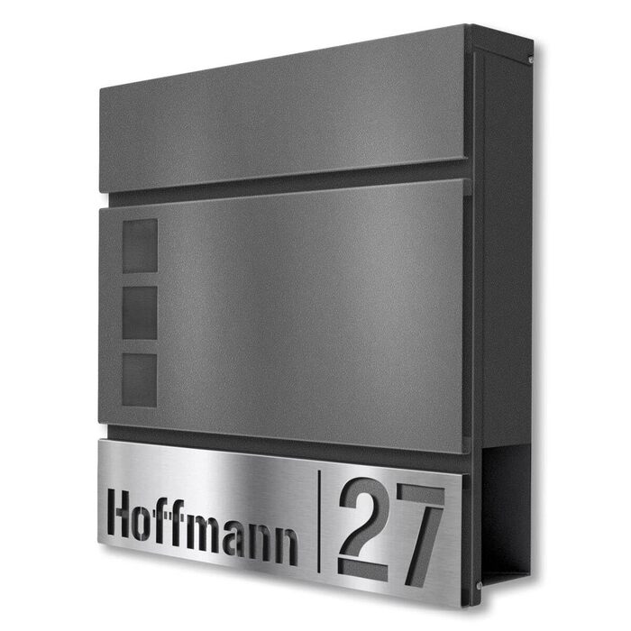 Поштова скринька Metzler Svena з нержавіючої сталі RAL 9007, з вікном для газет та іменним шильдиком (вирізаний номер будинку), 37x37x10.5 см