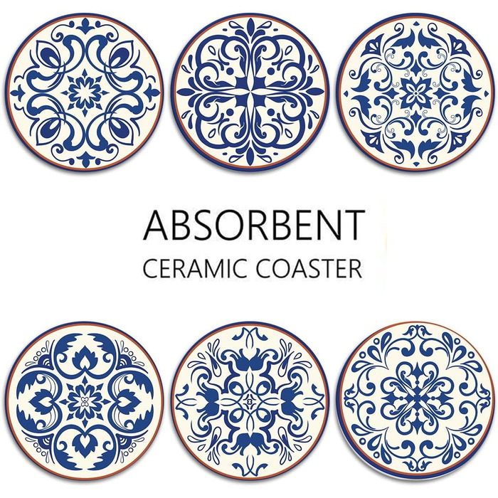 Drink Coasters 6-Piece Set, Geometric Tribal Boho Blue Red Absorbent Round Ceramic Stone Mat with Cork Bottom and Metal Holder, Housewarming Gift Bar Decor (Spanish Ceramic)