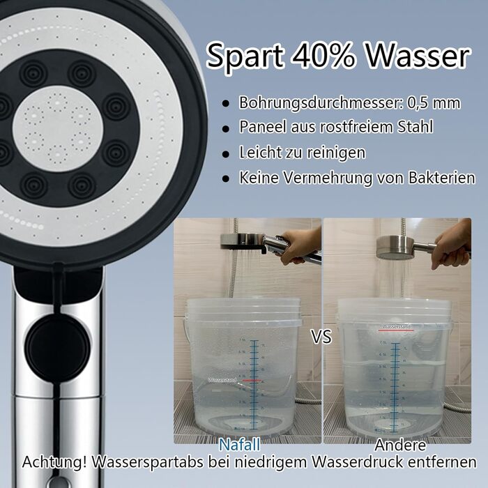 Nafall Shower Head with Filter - High Pressure Handheld Shower Head with Water Saving Design and 1.5M Hose, Shower Head with 5 Spray Patterns and Stop Function, Shower Head with Hose, Chrome (Chrome with 4 Filters)
