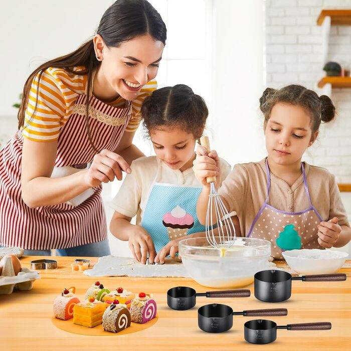 Measuring cup with wooden handle, black stainless steel measuring cup set, dog food scoop for kitchen, flour, spices, measuring, cooking (1, 1/2, 1/3, 1/4 cup)