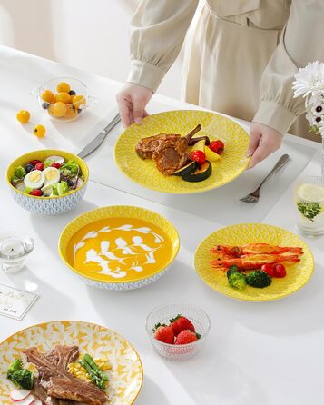 Набір посуду Vancasso Selene на 6 осіб, 24 елементи: тарілки, супові тарілки, миски, десертні тарілки з пастельного порцеляну. Підходить для мікрохвильової печі.