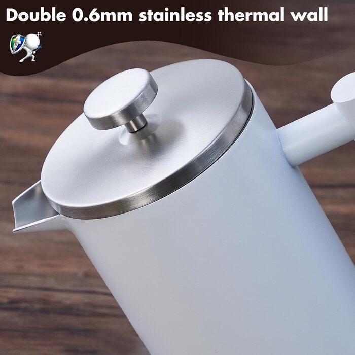 Набір для приготування кави френч-прес, 1 літр, нержавіюча сталь (матова біла)