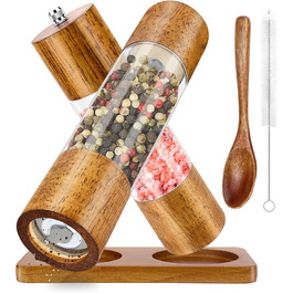 Salt and Pepper Grinder Set of 2, Manual Spice Grinder including Coaster, Cleaning Brush, Spoon (21.5 cm) - Wooden Salt Mill with Adjustable Ceramic Grinder for Spices Pepper Salt