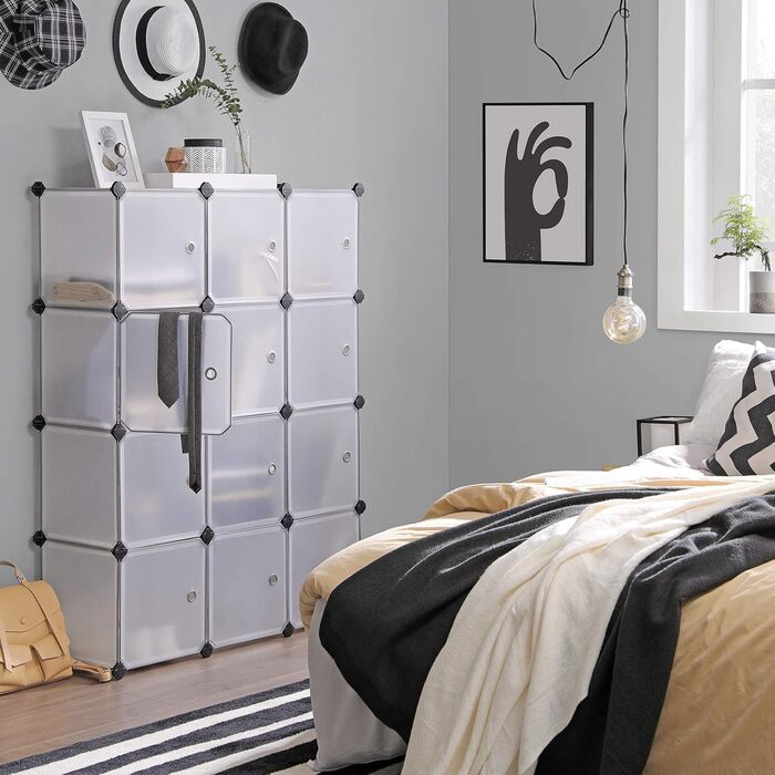 SONGMICS Regal System, Shoe Rack, Set of 16 Cubes, Plastic Closet Organizer with Doors, Plug-in Shelf, Storage for Clothes, Shoes, and Books, Easy Assembly, LPC443G01 (12 Cubes (93B x 123H cm), White)